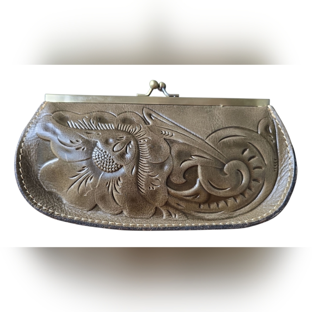 Patricia Nash Tooled Leather Clutch Kisslock Wallet in olive green EUC